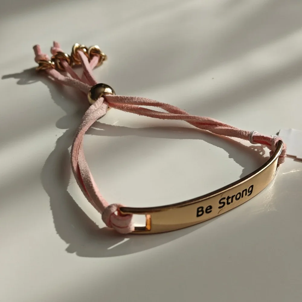 Charming Be Strong Bracelet Inspirational Bar Pink Suede Gold Tone Adjustable